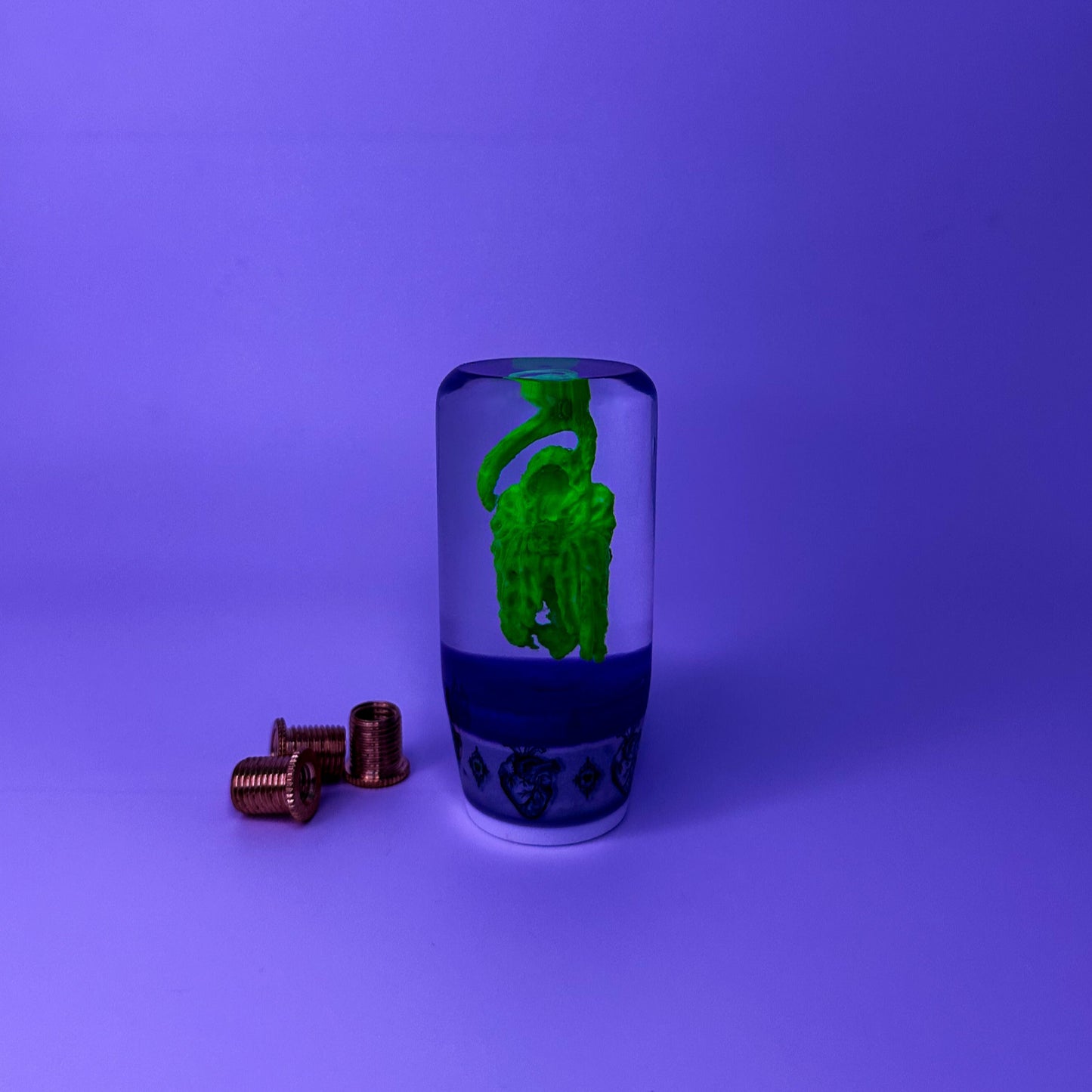 Glow-in-the-dark Grim Reaper shift knob made from premium resin. Weighted, UV-reactive, and universally compatible for manual and automatic cars.