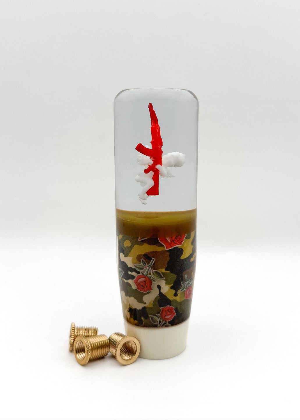 Cupid baby angel shift knob with red AK-47, camouflage and rose design – custom JDM-style gear shifter for manual cars, bold street racing aesthetic with artistic detail