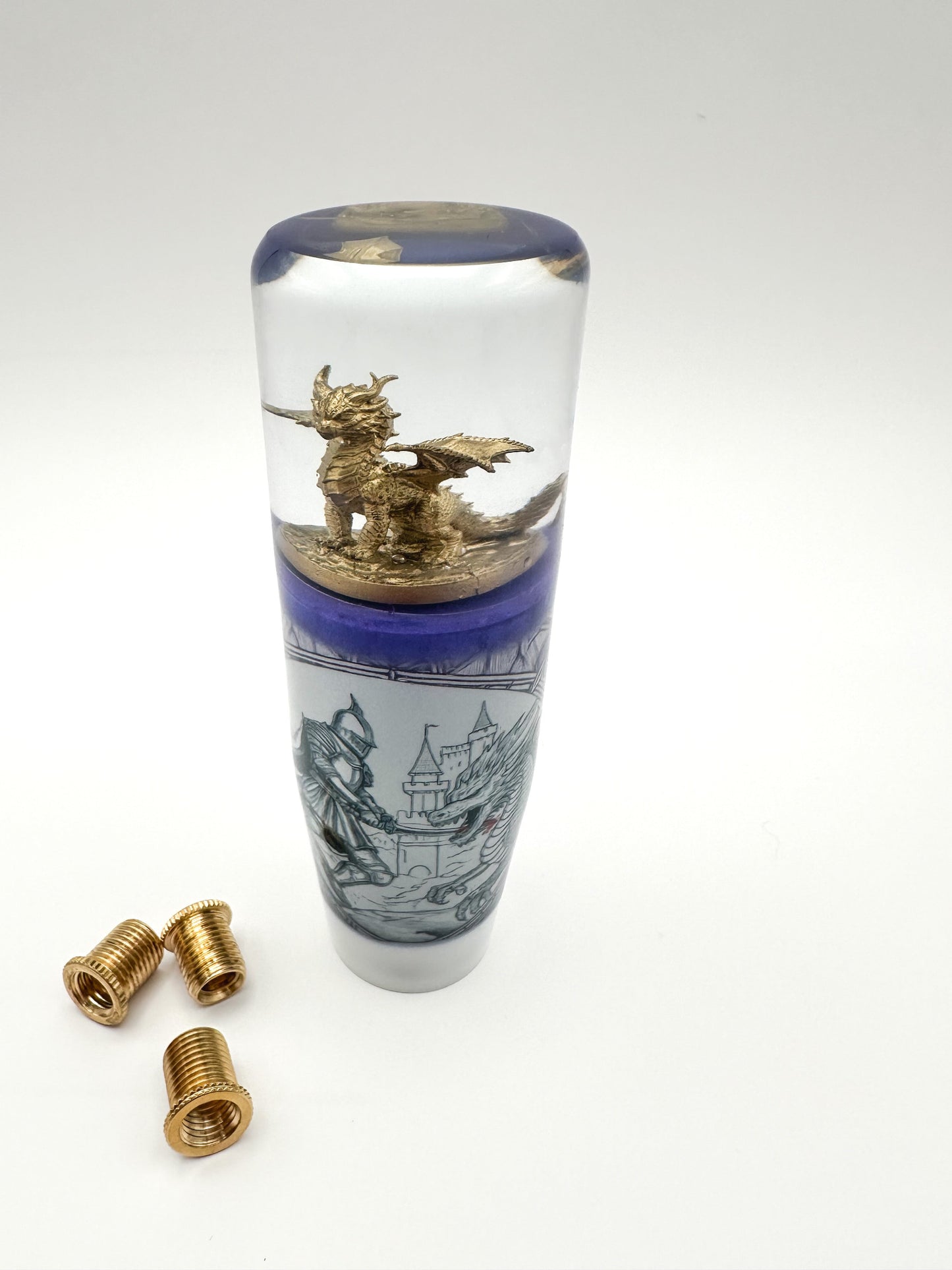 Shop the Golden Dragon Shift Knob with medieval tattoo art design. Weighted resin gear knob fits most manual & automatic vehicles with included adapters for universal fit.