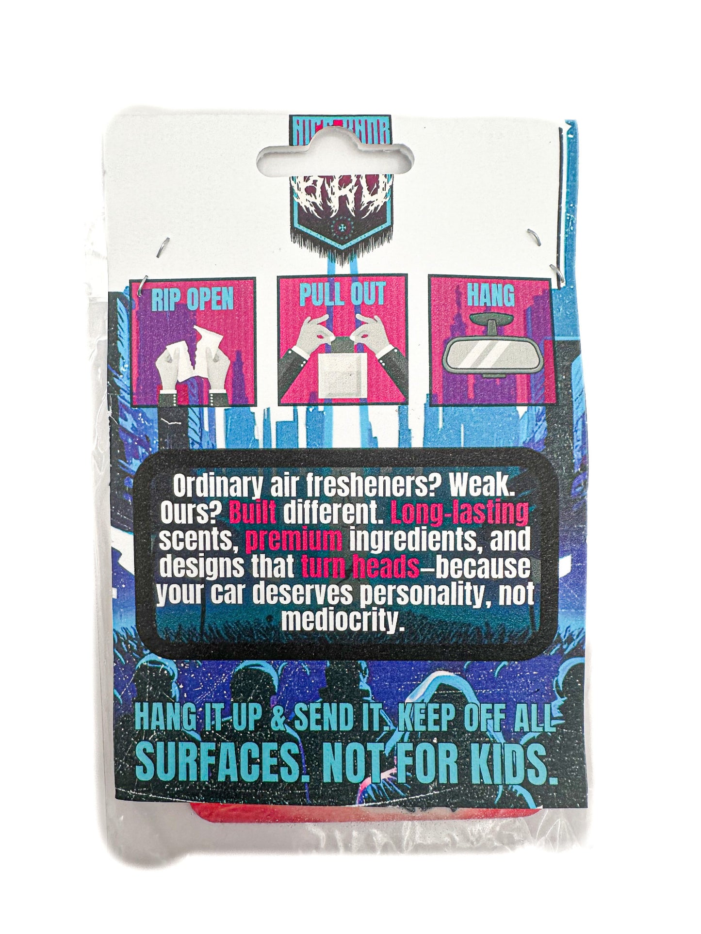 photo shows the back of the packaging of nice knob bro's line of air fresheners
