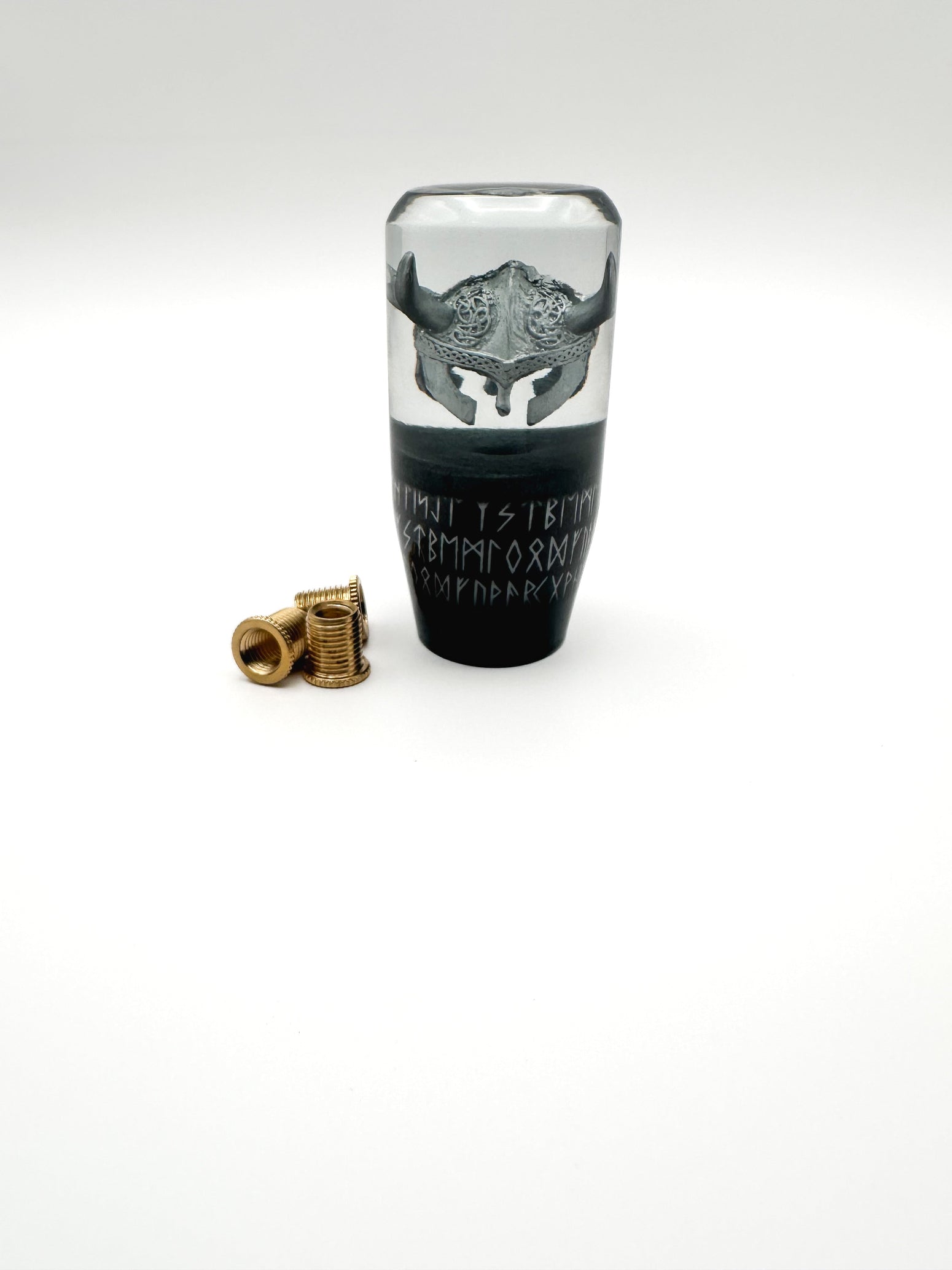 Custom Viking shift knob with detailed silver helmet and Nordic runes. Made from clear resin, slightly weighted, and fits most manual and automatic cars.