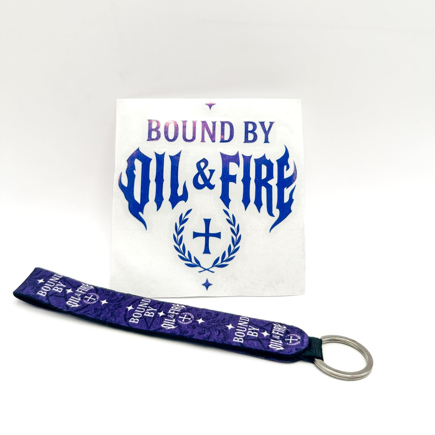 vinyl sticker and key chain pack bound by oil and fire