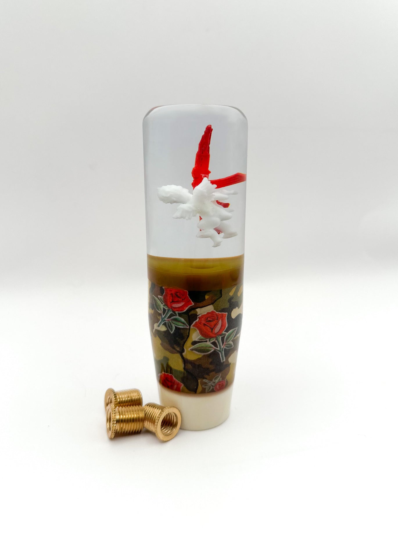 Cupid baby angel shift knob with red AK-47, camouflage and rose design – custom JDM-style gear shifter for manual cars, bold street racing aesthetic with artistic detail