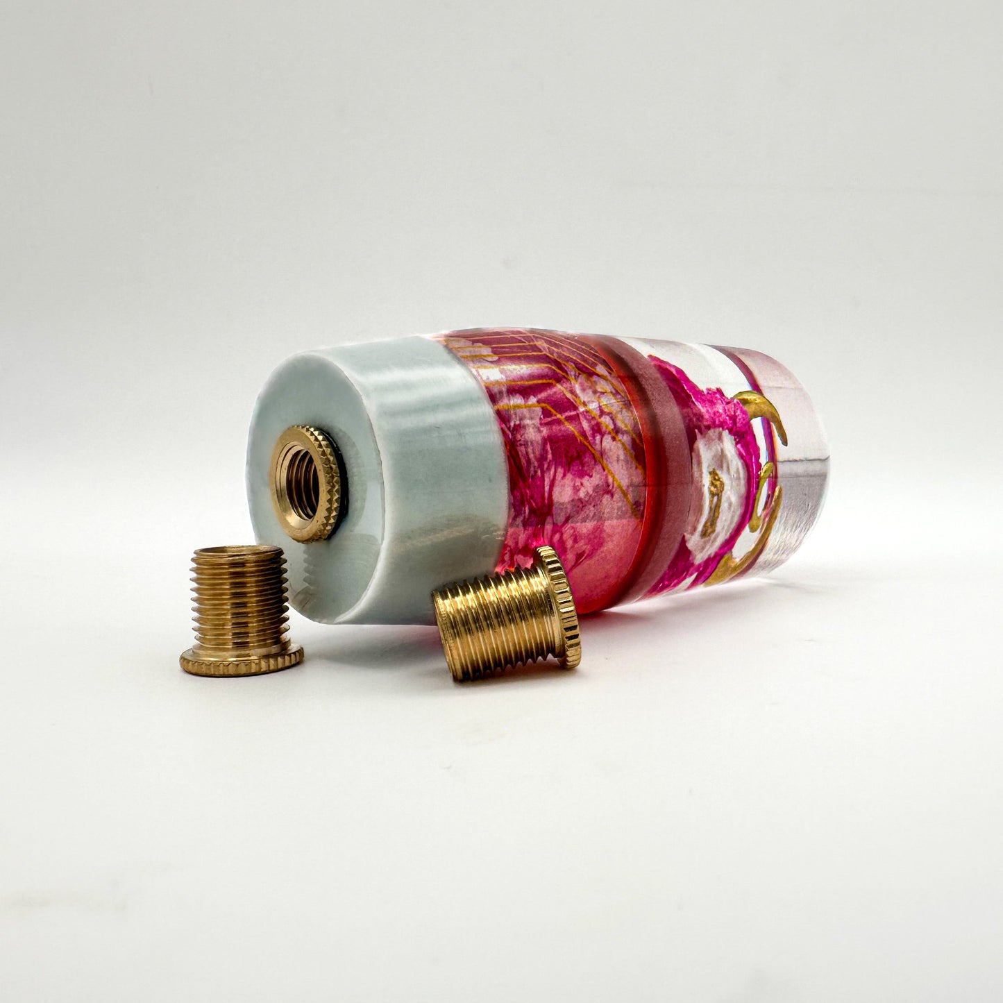 Cyberpunk Oni Samurai Shift Knob – custom resin gear shift with pink helmet, gold horns, and handcrafted Japanese demon detail.