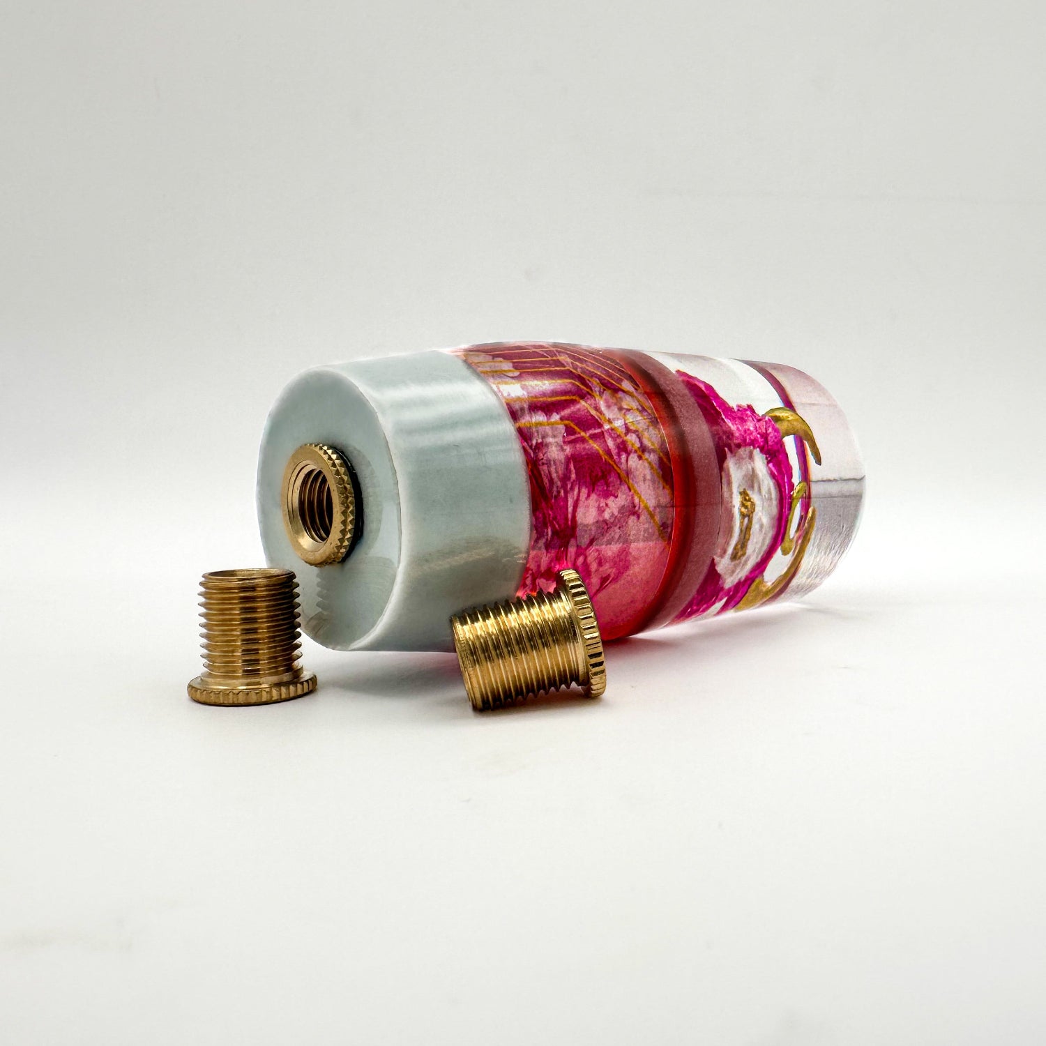 Cyberpunk Oni Samurai Shift Knob – custom resin gear shift with pink helmet, gold horns, and handcrafted Japanese demon detail.