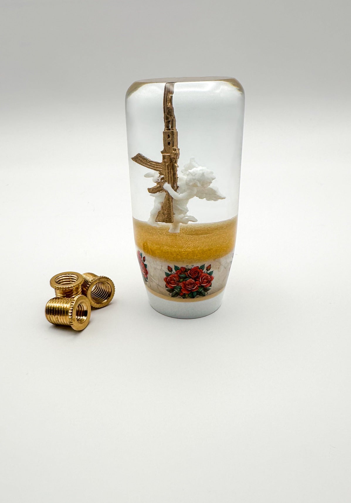 Cupid angel ak47 gun rifle shift knob made in usa for manual vehicles. is weighted for smoother shifts. 