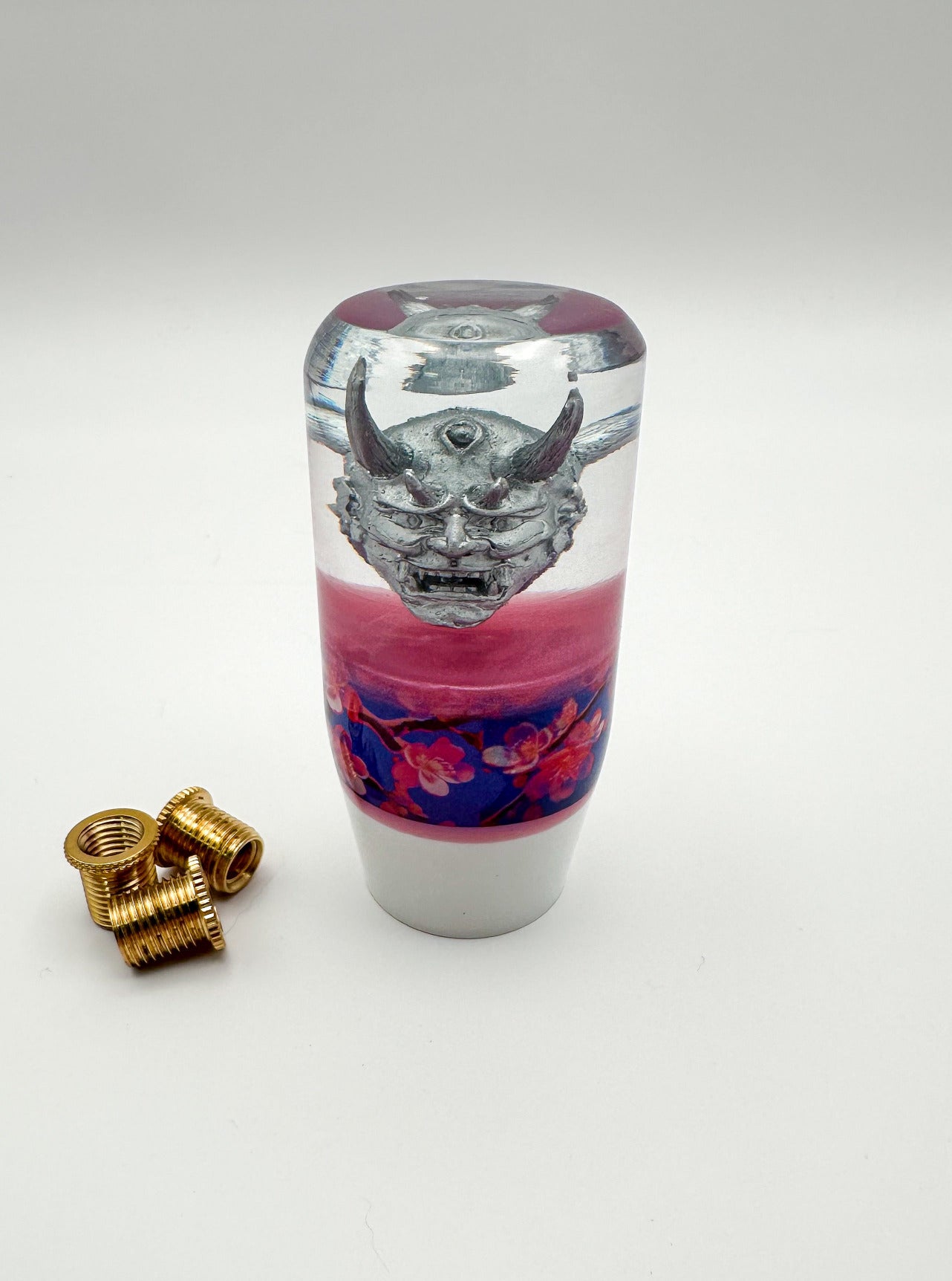 Silver Oni demon samurai shift knob with pink white cherry blossoms Japanese JDM KDM made in USA America 