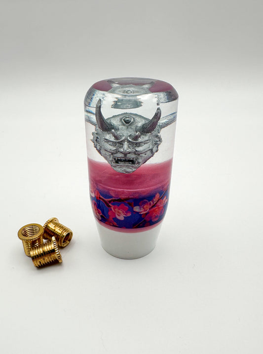 Silver Oni demon samurai shift knob with pink white cherry blossoms Japanese JDM KDM made in USA America 