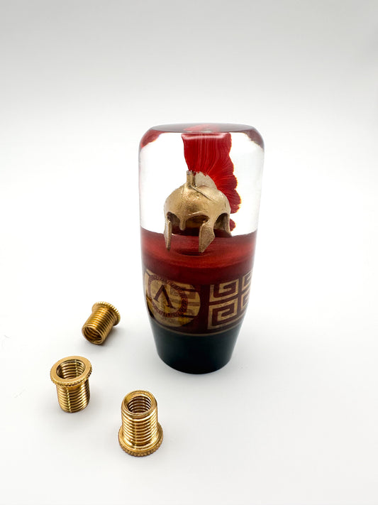 Spartan shift knob featuring ancient warrior helmet design, perfect for custom manual and automatic stick shifters, adding historical flair to your vehicle.
