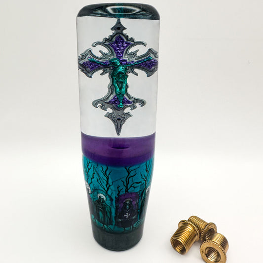 Nice Knob, Bro custom resin shift knob with crucifix and blue-purple design