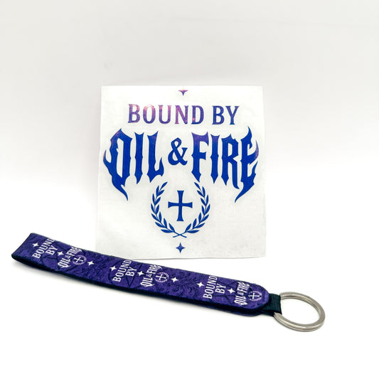 vinyl sticker and key chain pack bound by oil and fire