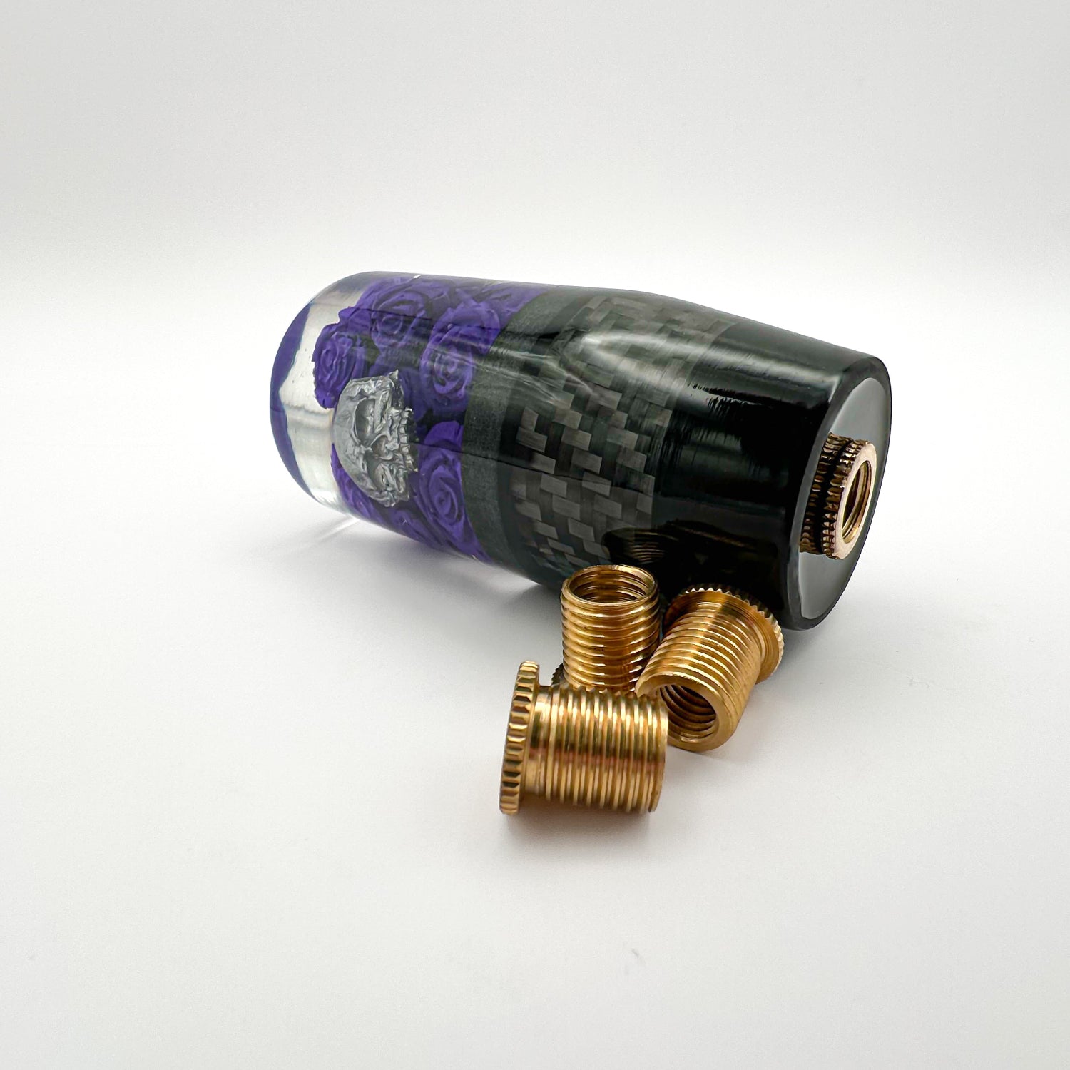 bottom of carbon fiber rose and skull shift knob for manual gear shifters