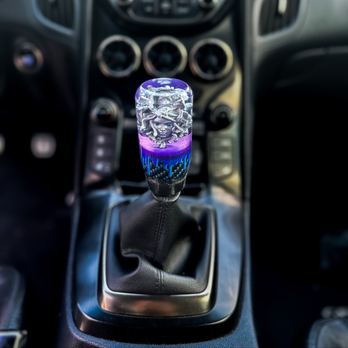 Medusa shift knob with carbon fiber and purple print for manual and universal custom shifters
