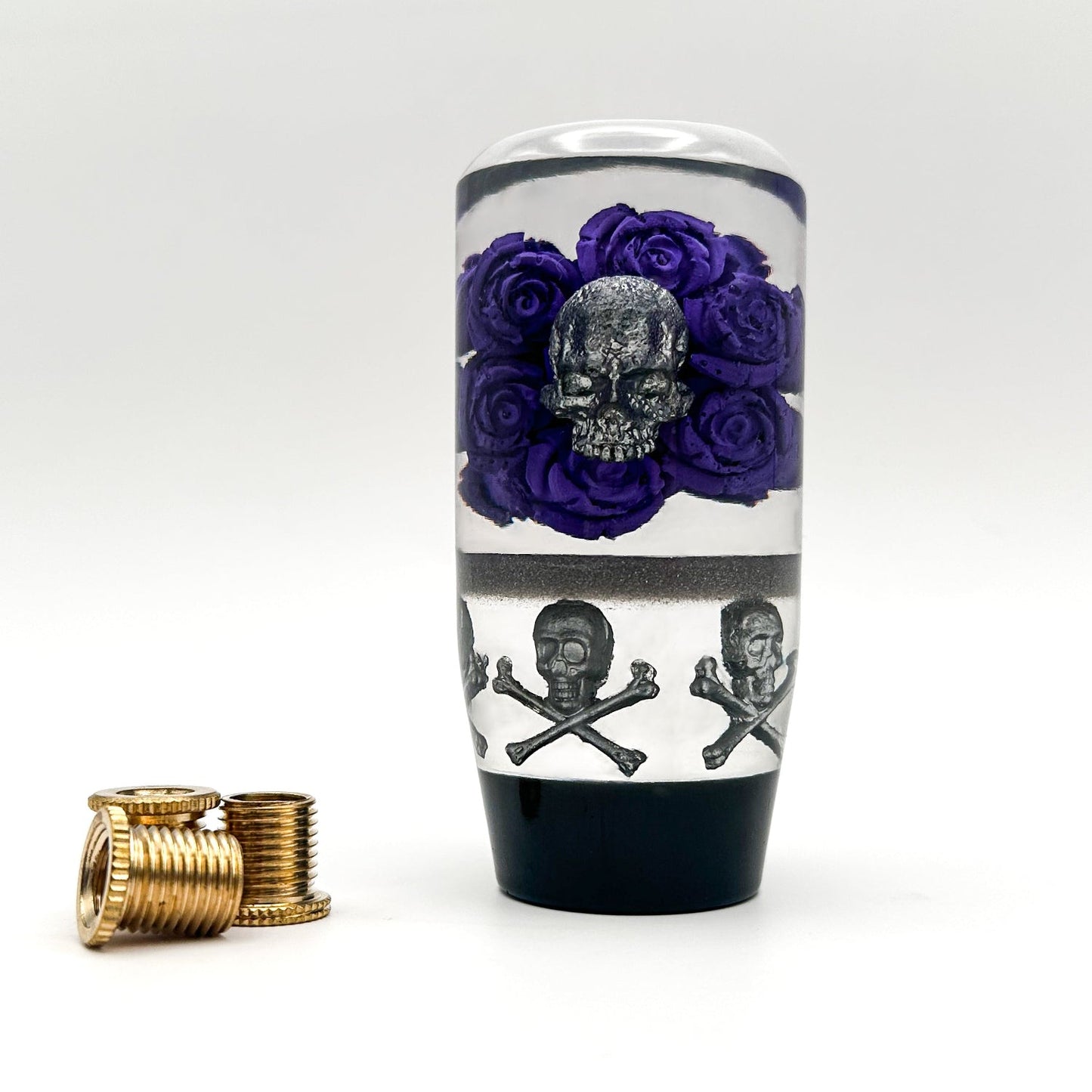 Chrome Deathblossom shift knob with metallic skull and violet roses inside clear resin.