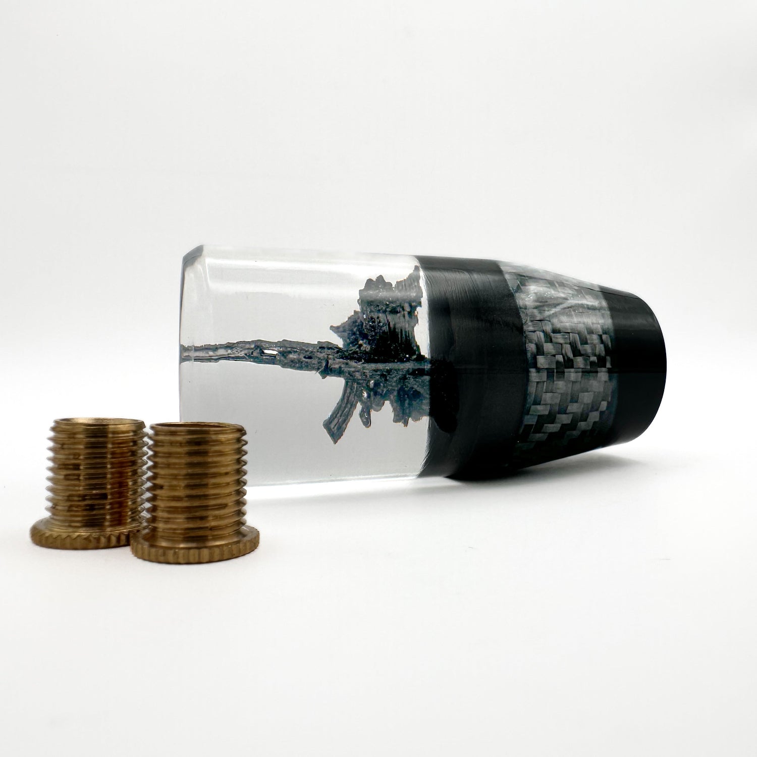 angle carbon fiber shift knob with blackout and and gray accents for manual cars