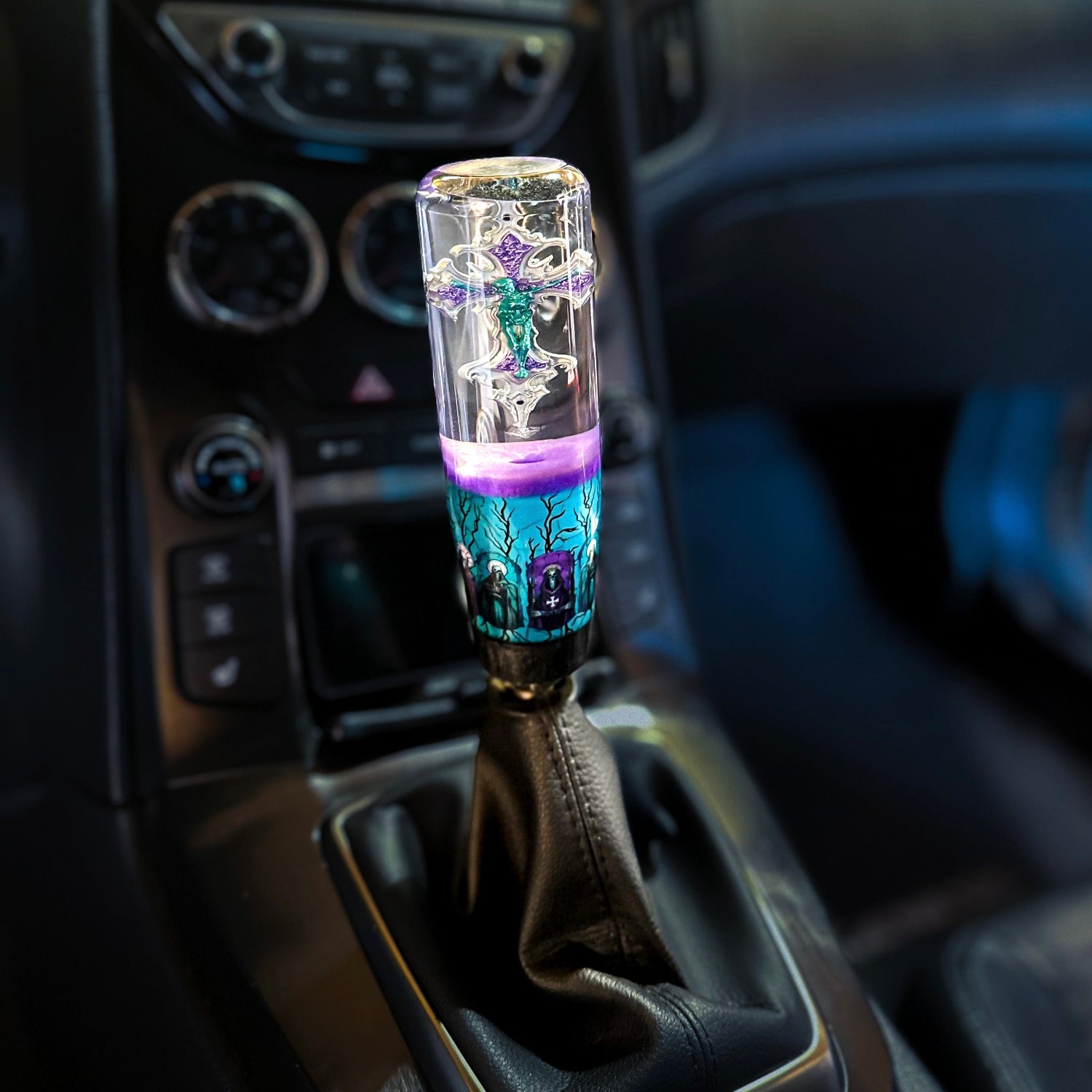 Nice Knob, Bro custom resin shift knob with crucifix and blue-purple design