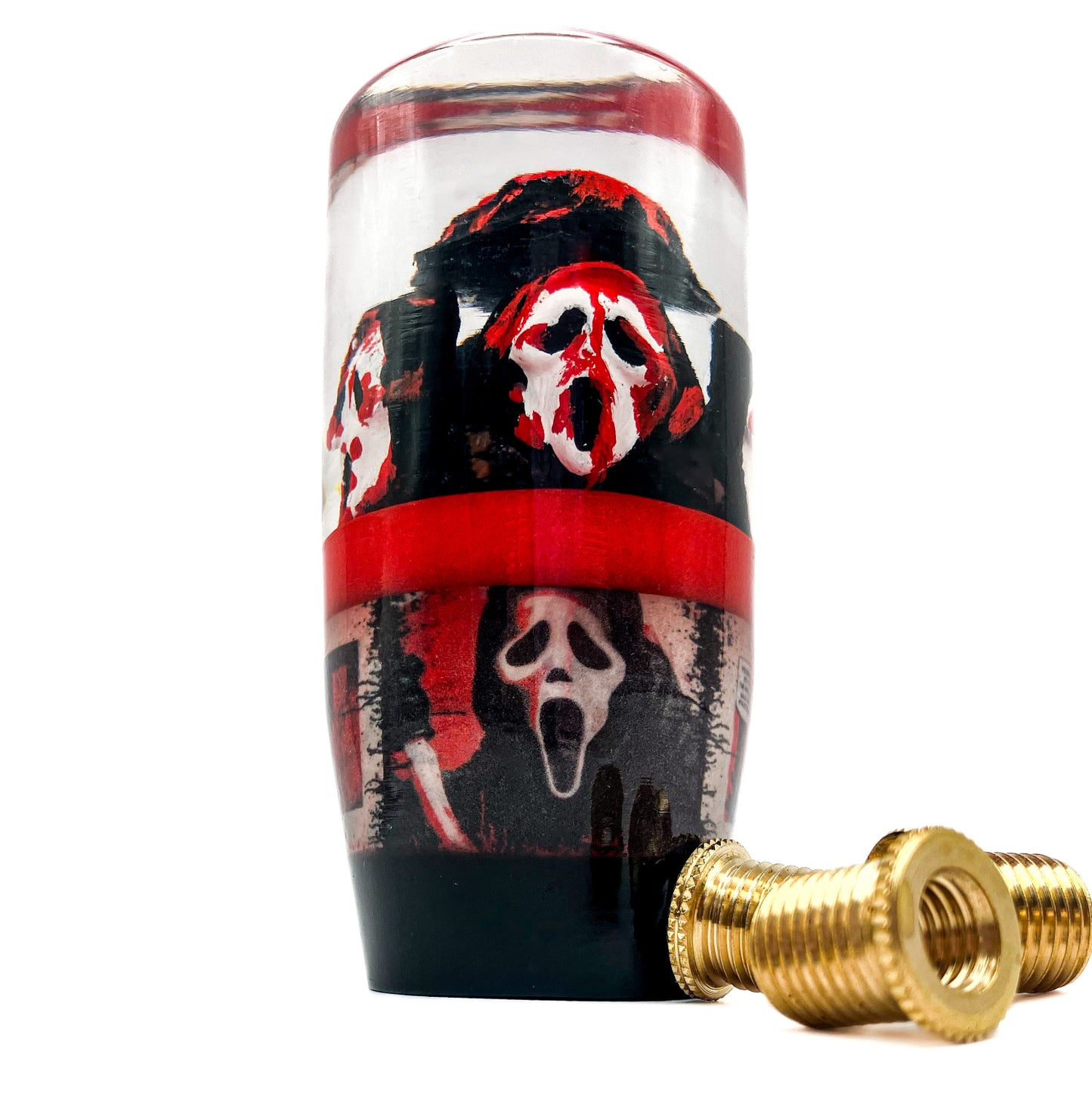 Ghostface resin shift knob by Nice Knob Bro featuring horror-inspired design in red and black, weighted for manual and automatic cars.