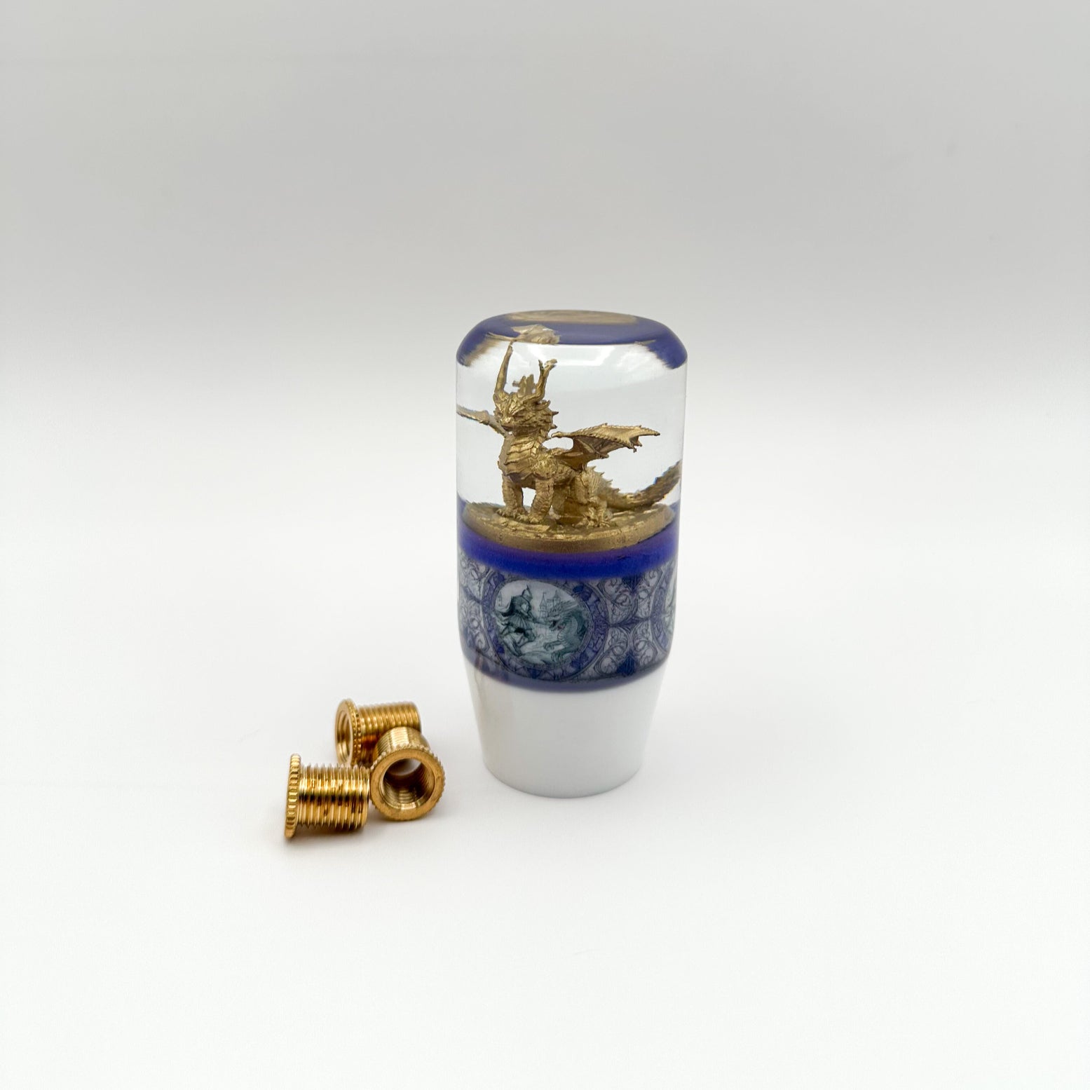 Gold dragon shift knob with Knight in medieval battle purple layers blue layer white with threads included
