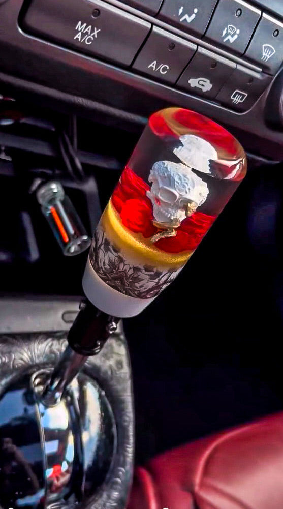 red skull shift knob with gold snake and roses for manual gear shifters and universal fit