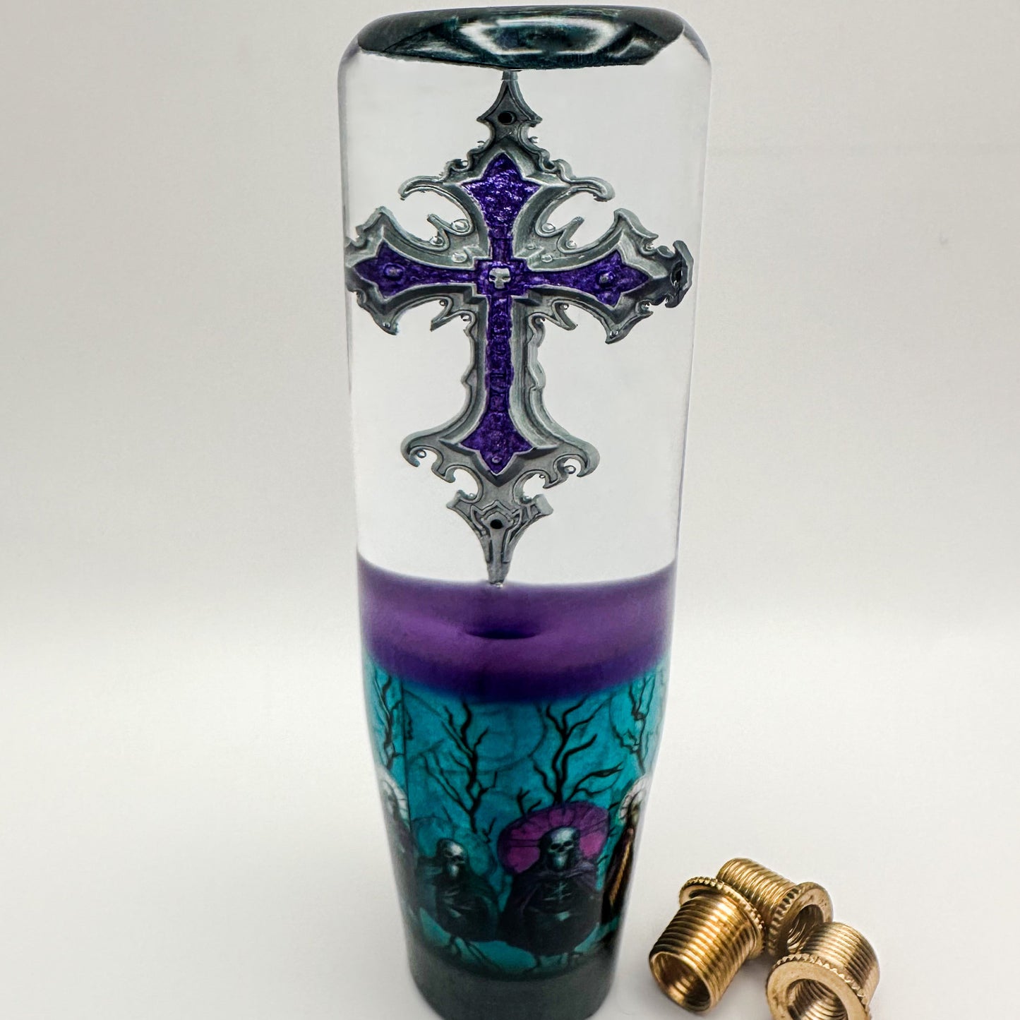 Nice Knob, Bro custom resin shift knob with crucifix and blue-purple design