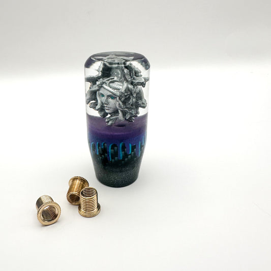 silver medusa shift knob with teal and purple