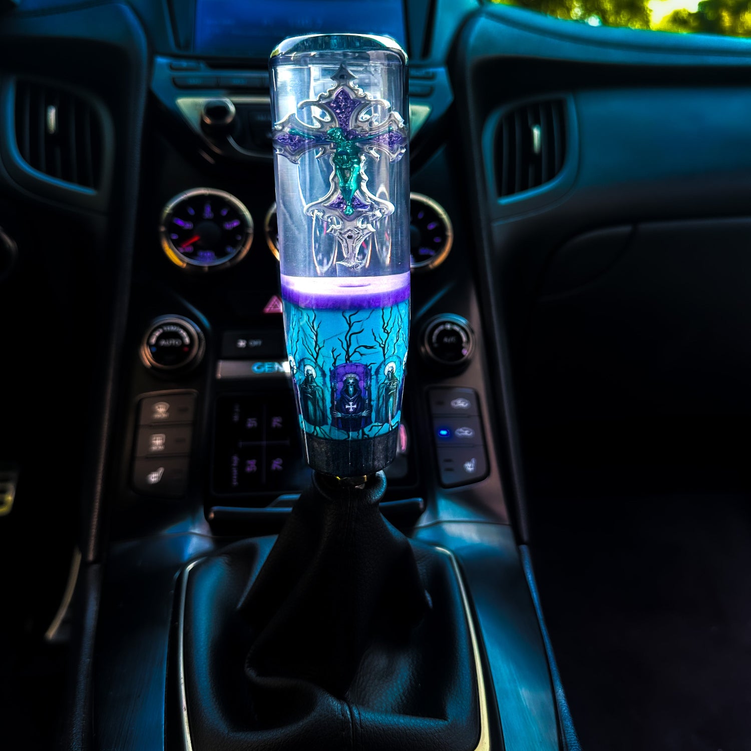 Nice Knob, Bro custom resin shift knob with crucifix and blue-purple design