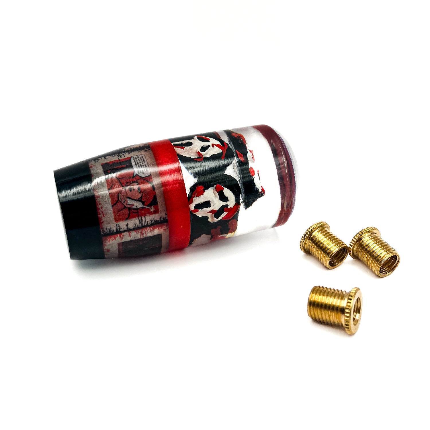 Weighted resin Ghostface gear shift knob for manual and automatic transmission cars.